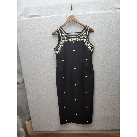 Vtg Black Sleeveless Ultra Dress W/Floral & Strawberry Embroidery Button Accents - Picture 1 of 6